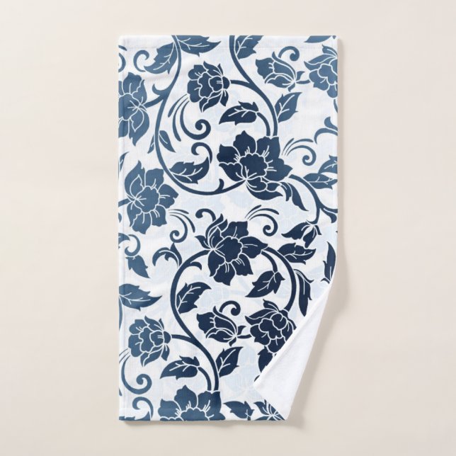 Floral Pattern Teal and Navy Blue Hand Towel (Hand Towel)