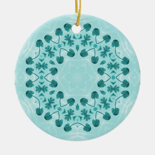 Floral Pattern, Teal Blue Ceramic Ornament (Front)