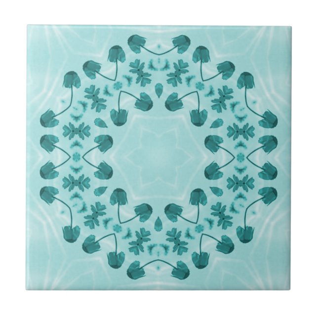 Floral Pattern, Teal Blue Ceramic Tile (Front)