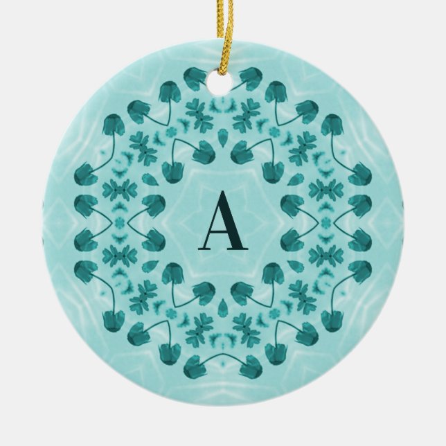 Floral Pattern, Teal Blue Initial Ceramic Ornament (Front)