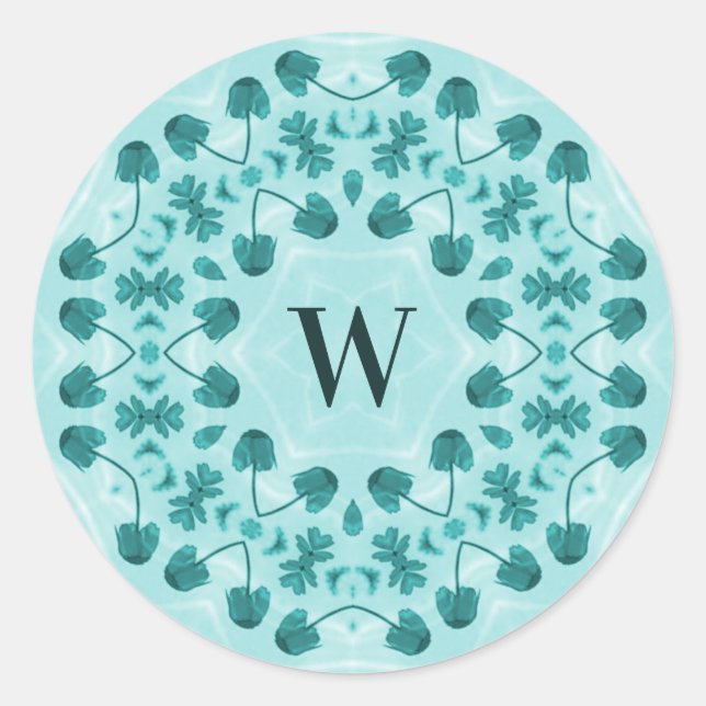 Floral Pattern, Teal Blue Initial Classic Round Sticker (Front)