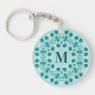 Floral Pattern, Teal Blue Initial Key Ring