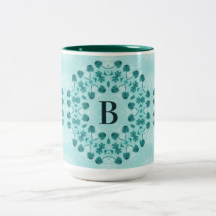 Floral Pattern, Teal Blue Initial Two-Tone Coffee Mug