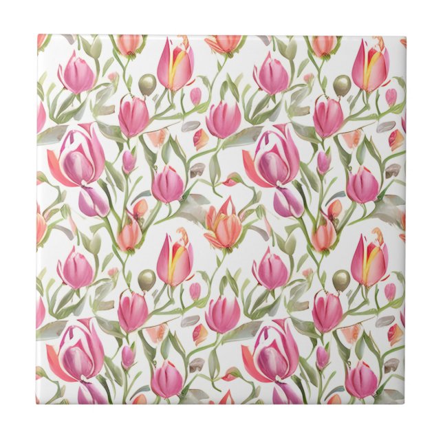 Floral Pattern Tulip Flowers Ceramic Tile (Front)