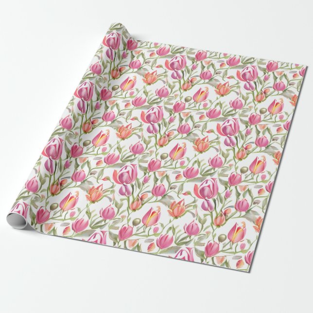 Floral Pattern Tulip Flowers Wrapping Paper (Unrolled)