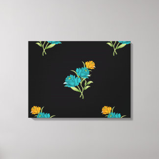 Floral Pattern Turquoise Coral Green on Black Canvas Print
