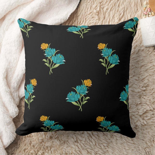 Floral Pattern Turquoise Coral Green on Black  Cushion (Blanket)