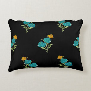 Floral Pattern Turquoise Coral Green on Black  Decorative Cushion
