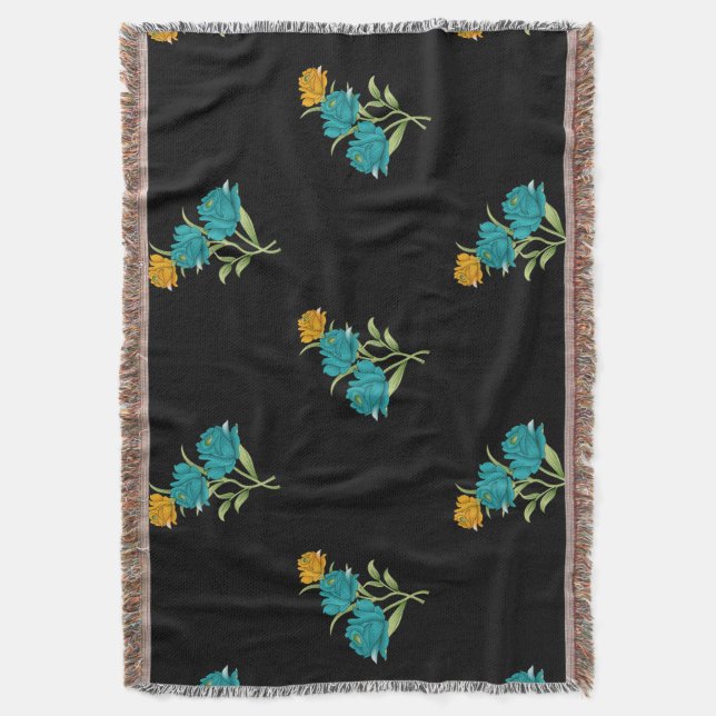 Floral Pattern Turquoise Coral Green on Black  Throw Blanket (Front Vertical)