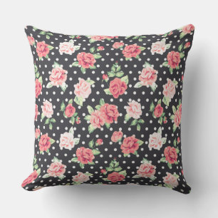 Floral Pattern White Polka Dot on Black Background Cushion