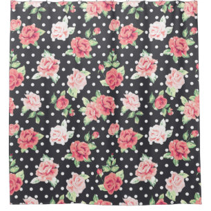 Floral Pattern White Polka Dot on Black Background Shower Curtain