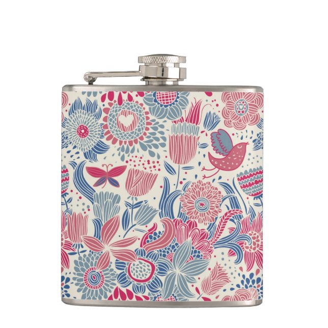 Floral pattern with bird and butterfly hip flask (Front)
