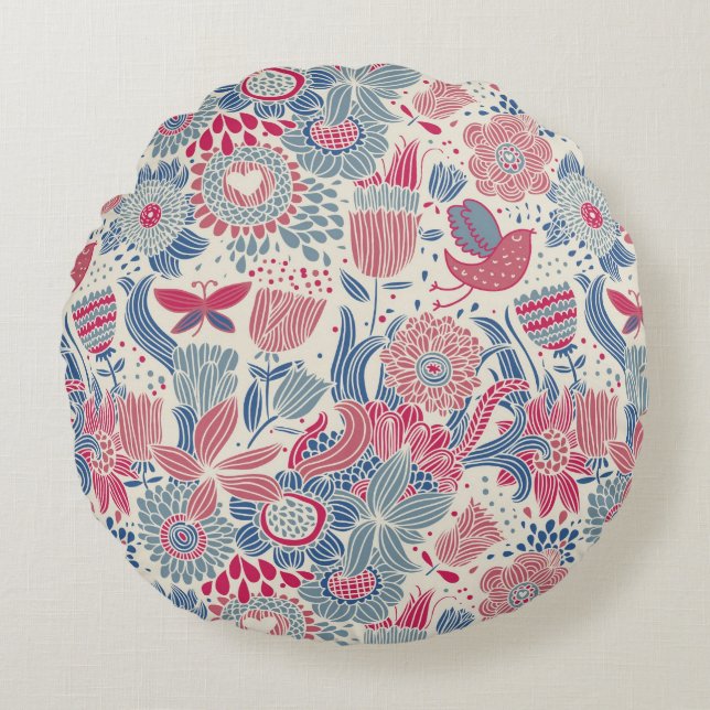 Floral pattern with bird and butterfly round cushion (Front)