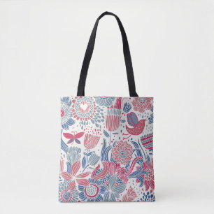 Floral pattern with bird and butterfly tote bag