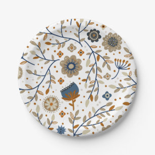 Floral pattern with blue and orange flowers paper plate