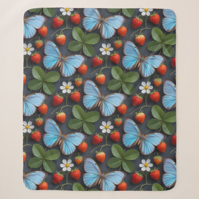 Floral Pattern with Blue Morpho Butterflies Sherpa Blanket (Front)