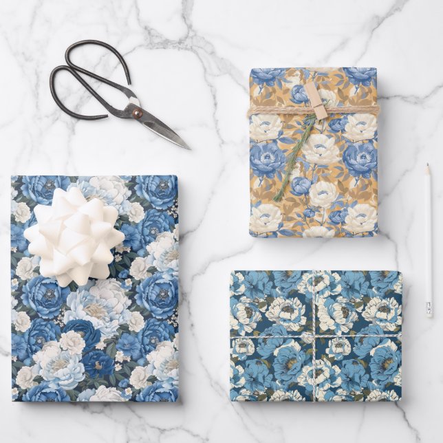 Floral Pattern with Blue Peonies and White Flowers Wrapping Paper Sheet (Front)