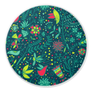 Floral pattern with cartoon birds 2 ceramic knob