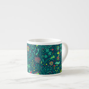 Floral pattern with cartoon birds 2 espresso cup
