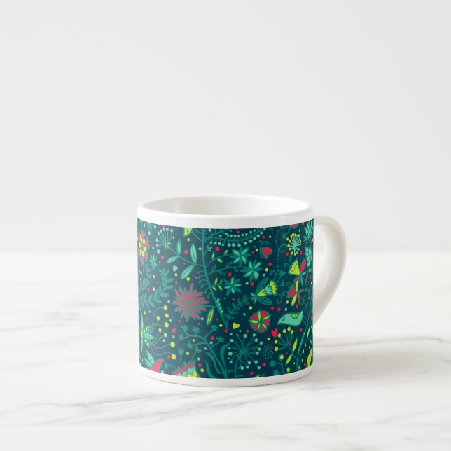 Floral pattern with cartoon birds 2 espresso cup (Front Right)