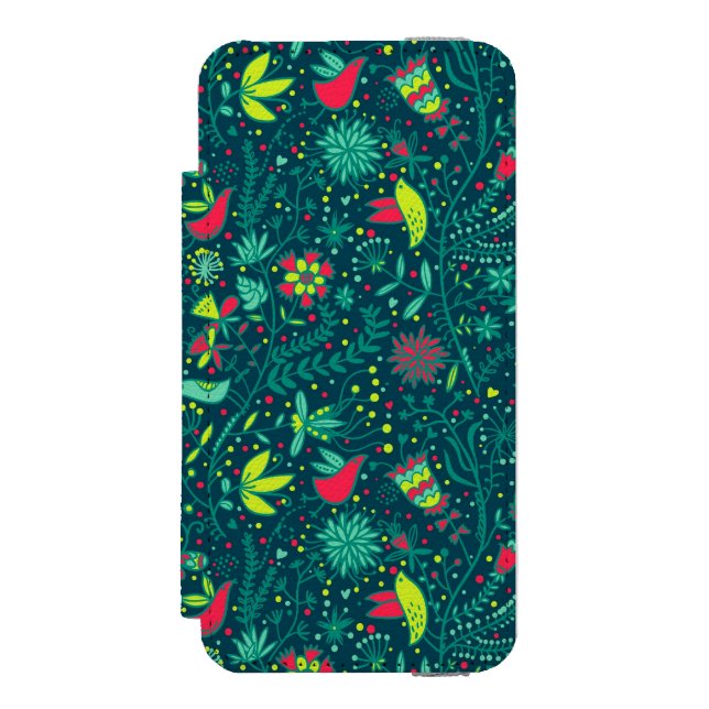 Floral pattern with cartoon birds 2 incipio iPhone wallet case (Folio Front)