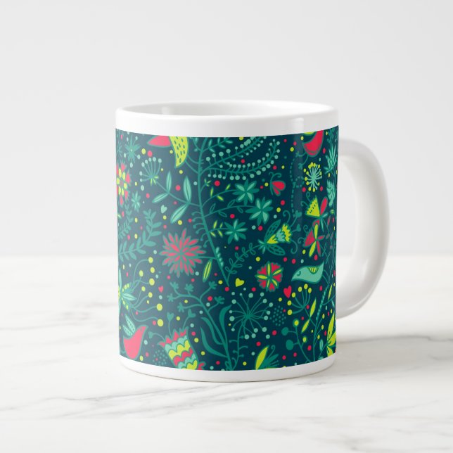 Floral pattern with cartoon birds 2 large coffee mug (Front Right)