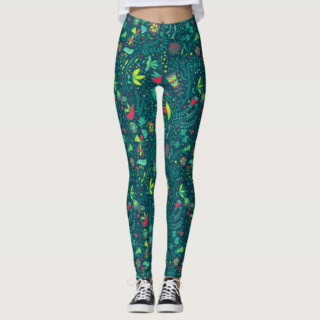 Floral pattern with cartoon birds 2 leggings (Front)