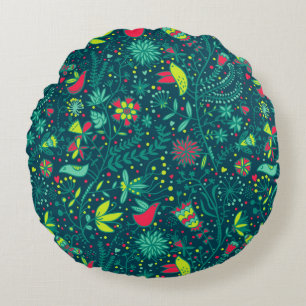 Floral pattern with cartoon birds 2 round cushion