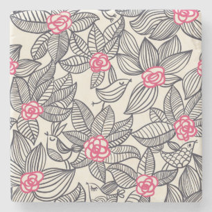 Floral pattern with cartoon birds 2 stone coaster