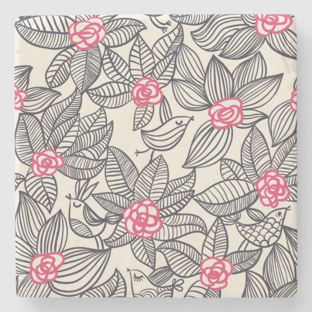 Floral pattern with cartoon birds 2 stone coaster (Front)