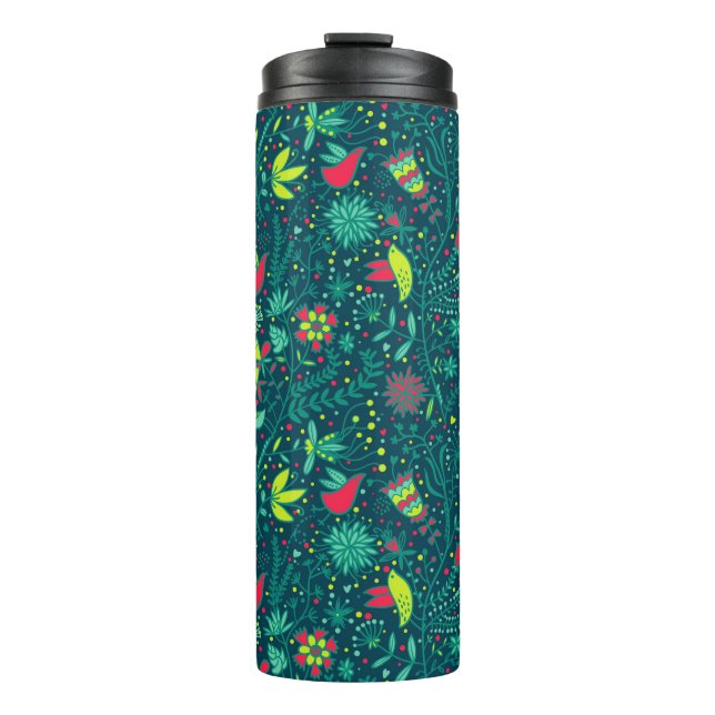 Floral pattern with cartoon birds 2 thermal tumbler (Front)