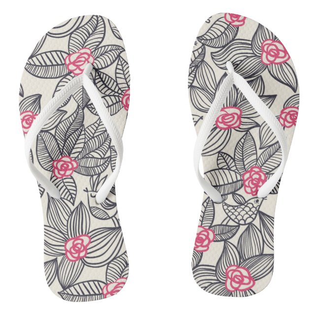 Floral pattern with cartoon birds 2 thongs (Footbed)