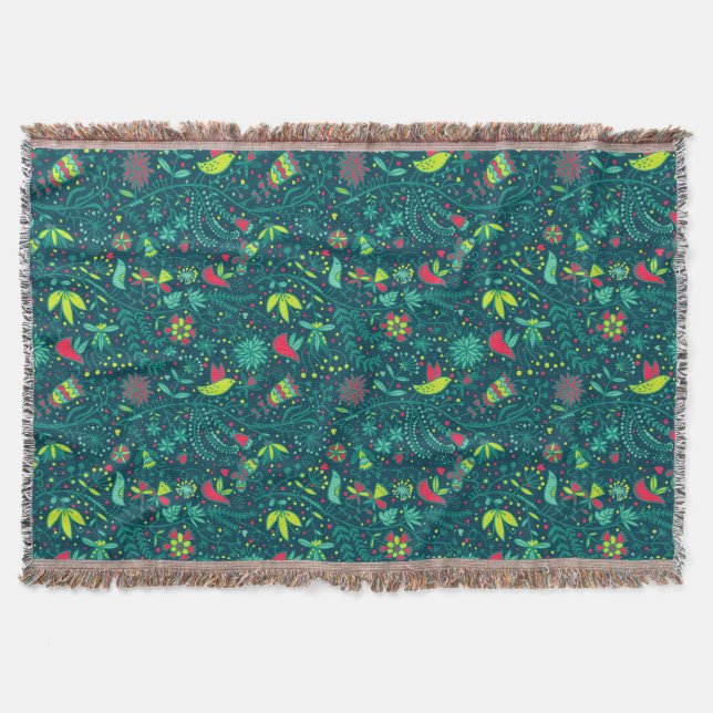 Floral pattern with cartoon birds 2 throw blanket (Front)