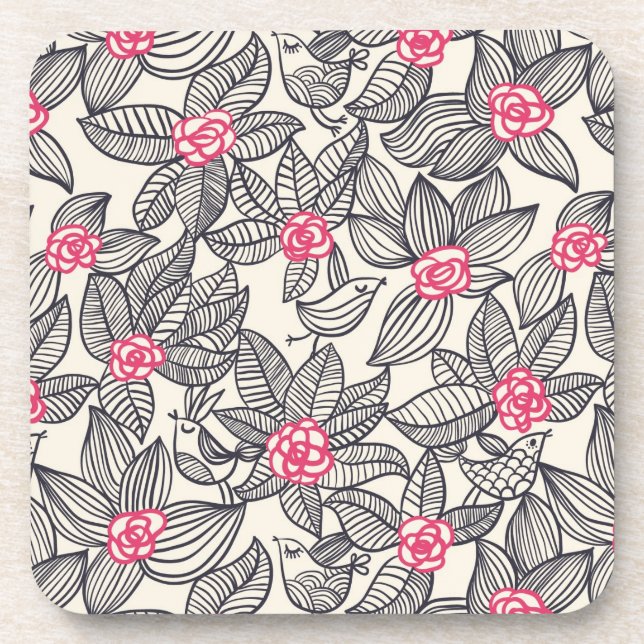 Floral pattern with cartoon birds coaster (Front)