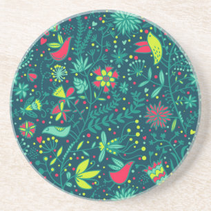 Floral pattern with cartoon birds coaster