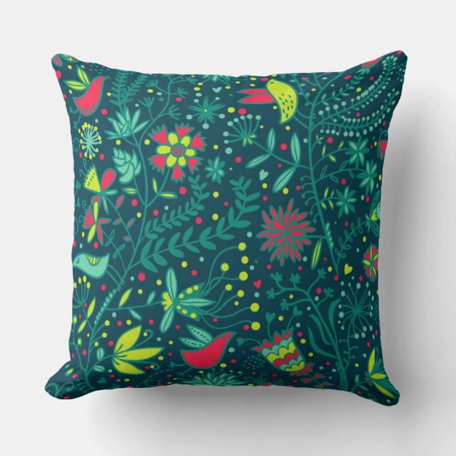 Floral pattern with cartoon birds cushion (Front)