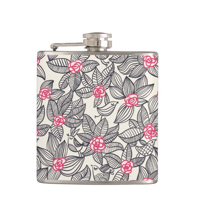Floral pattern with cartoon birds hip flask (Front)