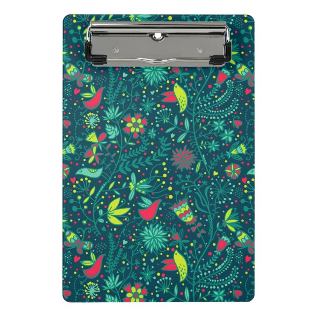 Floral pattern with cartoon birds mini clipboard (Front)