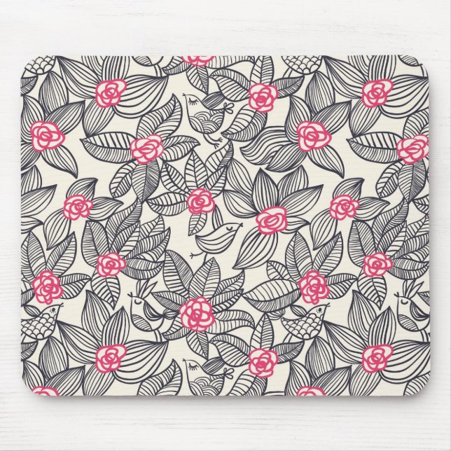 Floral pattern with cartoon birds mouse pad (Front)