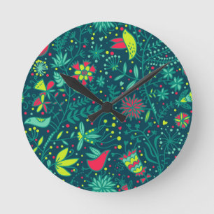 Floral pattern with cartoon birds round clock