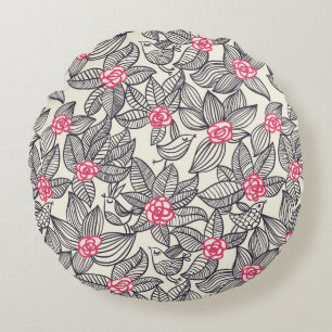Floral pattern with cartoon birds round cushion