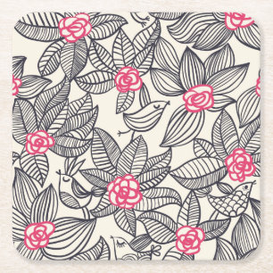 Floral pattern with cartoon birds square paper coaster
