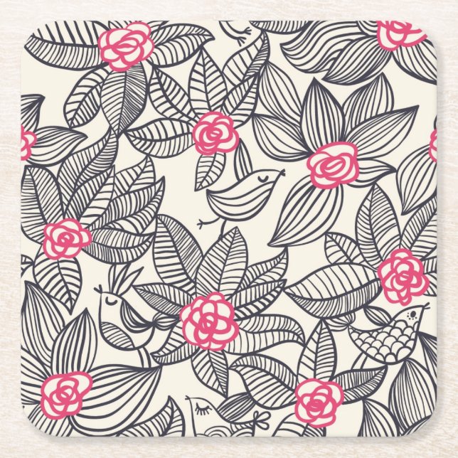Floral pattern with cartoon birds square paper coaster (Front)