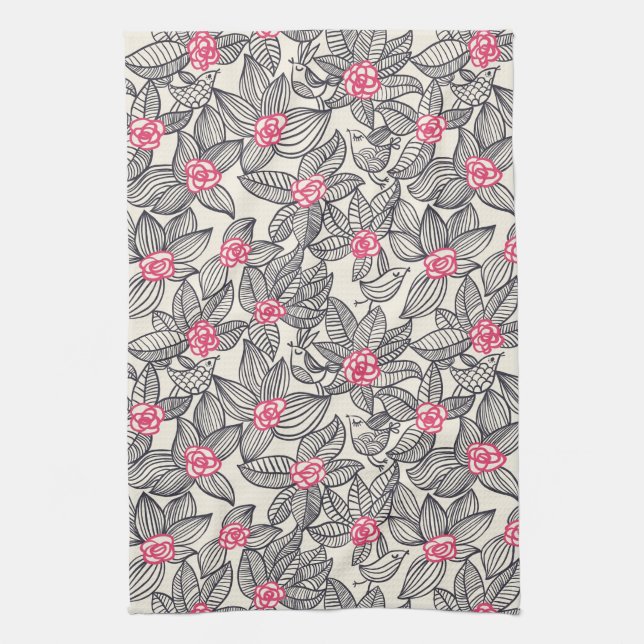 Floral pattern with cartoon birds tea towel (Vertical)