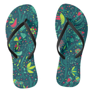 Floral pattern with cartoon birds thongs