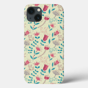 Floral pattern with cartoon cats iPhone 13 case