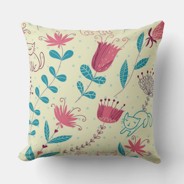 Floral pattern with cartoon cats cushion (Front)