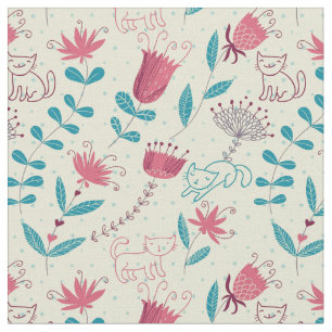 Floral pattern with cartoon cats fabric