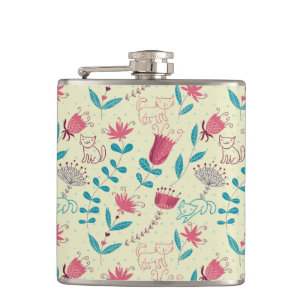 Floral pattern with cartoon cats hip flask