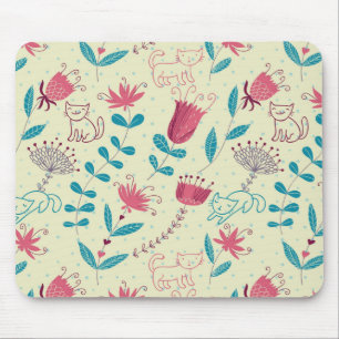 Floral pattern with cartoon cats mouse pad